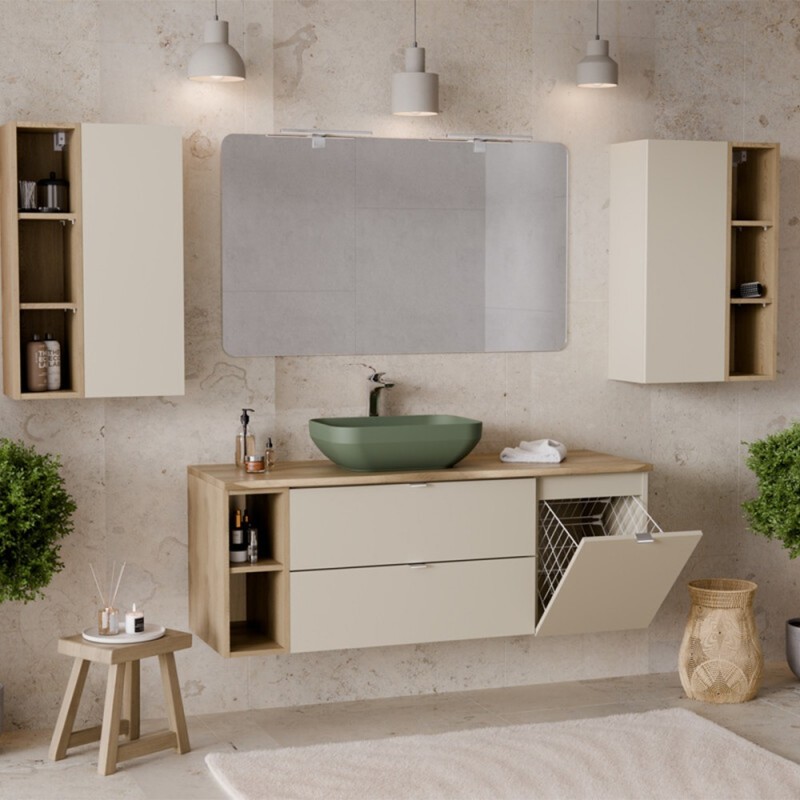 Set mobilier baie Dalia Cashmere, PAL melaminat, cashmir mat, blat natural cremona, L.100 cm, SET-DC B NAT CREMONA 100CM LR