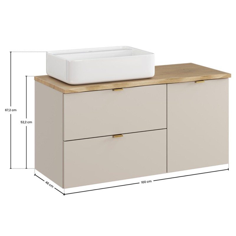 Set mobilier baie Dalia Cashmere, PAL melaminat, cashmir mat, blat natural cremona, L.100 cm, lavoar Magic, SET-DC B NAT CREMONA 100CM UN MAGIC LB