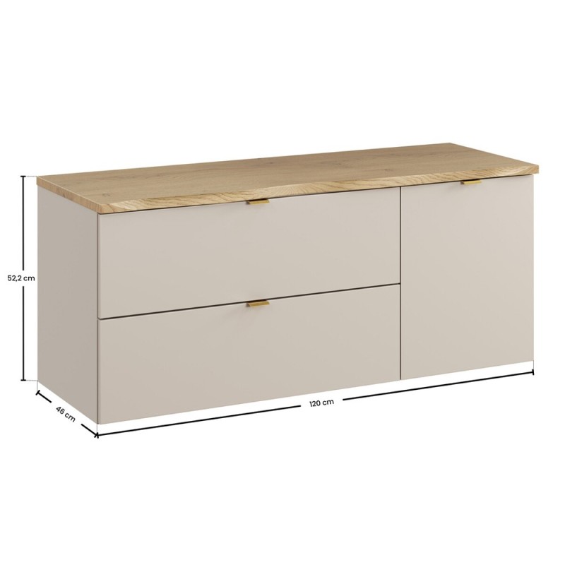 Set mobilier de baie Dalia Cashmere, PAL melaminat, cashmir mat, blat natural cremona, L.120 cm, SET-DC B NAT CREMONA 120CM LB