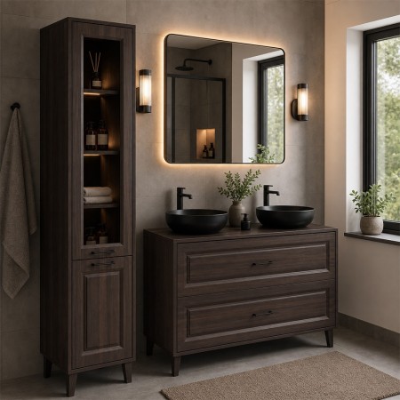 Set mobilier de baie Dorothy Ristretto, MDF, PAL melaminat, stejar ristretto, blat stejar ristretto, L.120 cm, lavoare River, dulap inalt H.205 cm, SET-DOR B 120CM UN RIVER HC
