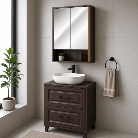 Set mobilier de baie Dorothy Ristretto, MDF, PAL melaminat, stejar ristretto, lavoar Smile, dulap suspendat, L.60 cm, SET-DOR B 60CM UN SMILE MC