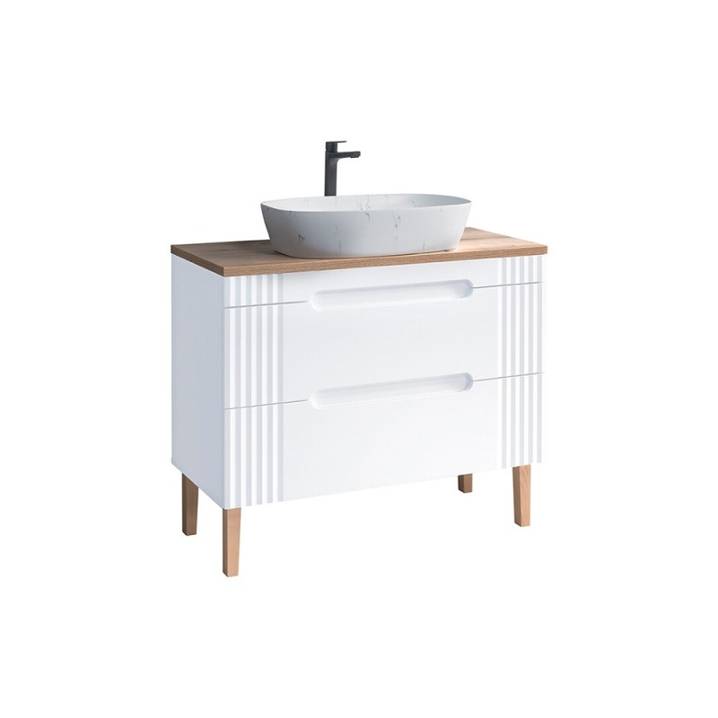 Set mobilier baie Fiji White, MDF, PAL melaminat, alb, blat stejar coast evoke, L.100 cm, lavoar Megi, SET-FW B 100CM UN.MEGI-M13