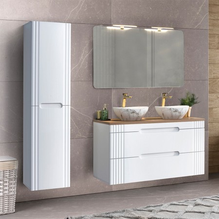 Set mobilier baie Fiji White, MDF, PAL melaminat, alb, L.120 cm, lavoare Pati, oglinda perete Juliet, dulap inalt H.166 cm, SET-FW B 120CM UN.PATI-MW3 1