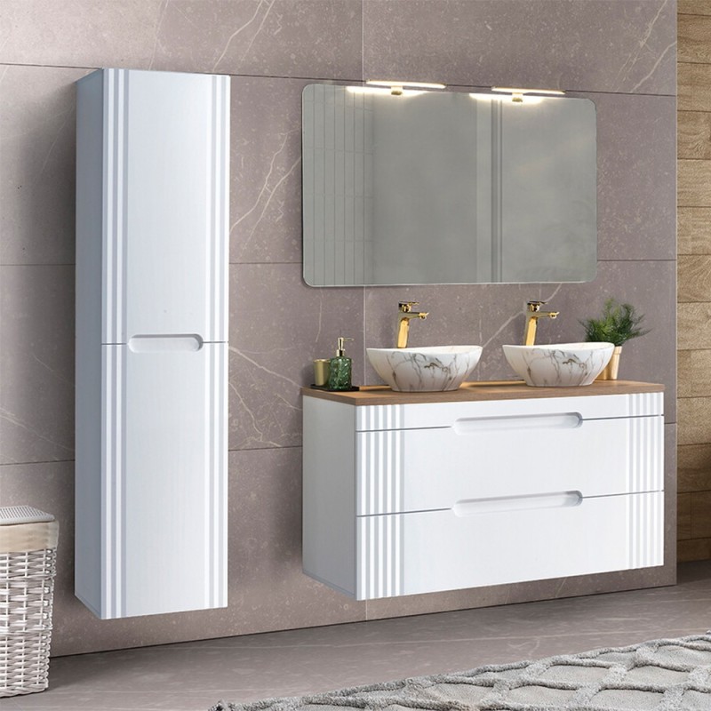 Set mobilier baie Fiji White, MDF, PAL melaminat, alb, L.120 cm, lavoare Pati, oglinda perete Juliet, dulap inalt H.166 cm, SET-FW B 120CM UN.PATI-MW3 1