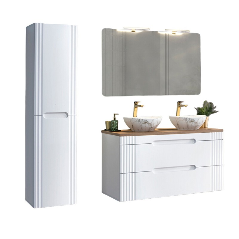 Set mobilier baie Fiji White, MDF, PAL melaminat, alb, L.120 cm, lavoare Pati, oglinda perete Juliet, dulap inalt H.166 cm, SET-FW B 120CM UN.PATI-MW3 1
