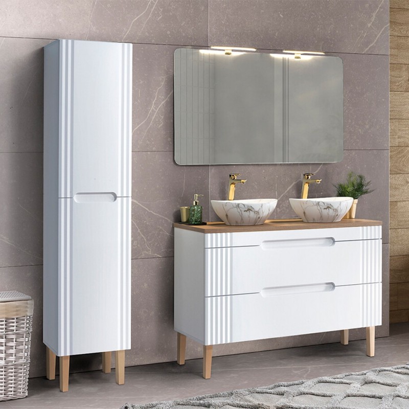 Set mobilier baie Fiji White, MDF, PAL melaminat, alb, L.120 cm, lavoare Pati, oglinda perete Juliet, dulap inalt H.166 cm, SET-FW B 120CM UN.PATI-MW3 2