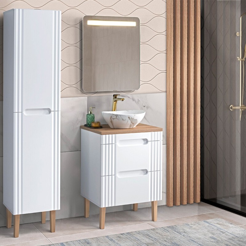 Set mobilier baie Fiji White, MDF, PAL melaminat, alb, blat stejar coast evoke, L.60 cm, lavoar Pati, oglinda Bianca, dulap inalt H.166 cm, SET-FW B 60CM UN.PATI-MW3 2