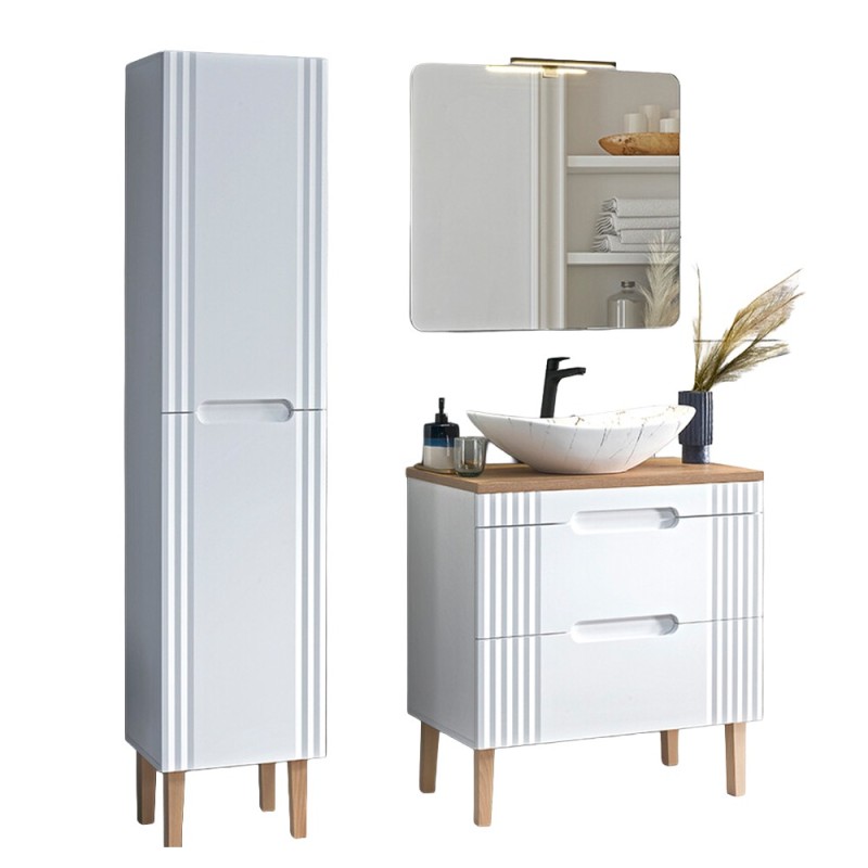 Set mobilier baie Fiji White, MDF, PAL melaminat, alb, blat stejar coast evoke, L.80 cm, lavoar Lena, oglinda Juliet, dulap inalt H.166 cm, SET-FW B 80CM UN.LENA-MW17 1