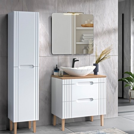 Set mobilier baie Fiji White, MDF, PAL melaminat, alb, blat stejar coast evoke, L.80 cm, lavoar Lena, oglinda Juliet, dulap inalt H.166 cm, SET-FW B 80CM UN.LENA-MW17 1
