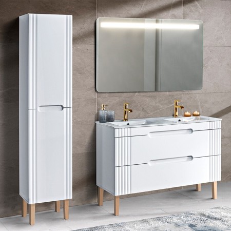Set mobilier baie Fiji White, MDF, PAL melaminat, alb, L.120 cm, lavoare Lava, oglinda perete Bianca, dulap inalt H.166 cm, SET-FW LAVA 120CM 1