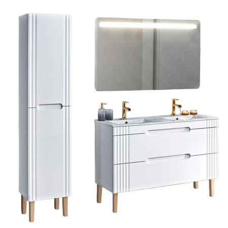 Set mobilier baie Fiji White, MDF, PAL melaminat, alb, L.120 cm, lavoare Lava, oglinda perete Bianca, dulap inalt H.166 cm, SET-FW LAVA 120CM 1