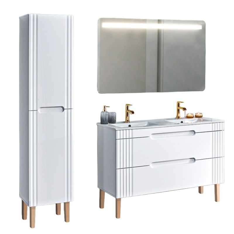 Set mobilier baie Fiji White, MDF, PAL melaminat, alb, L.120 cm, lavoare Lava, oglinda perete Bianca, dulap inalt H.166 cm, SET-FW LAVA 120CM 1