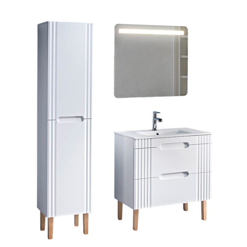 Set mobilier baie Fiji White, MDF, PAL melaminat, alb, L.80 cm, lavoar Lava, oglinda perete Bianca, dulap inalt H.166 cm, SET-FW LAVA 80CM 1