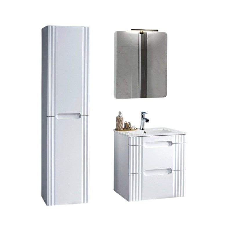 Set mobilier baie Fiji White, MDF, PAL melaminat, alb, L.60 cm, lavoar Lava, oglinda Juliet, dulap inalt H.166 cm, SET-FW LAVA60CM 1