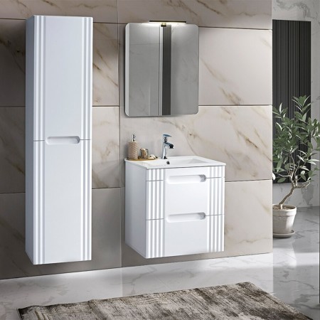 Set mobilier baie Fiji White, MDF, PAL melaminat, alb, L.60 cm, lavoar Lava, oglinda Juliet, dulap inalt H.166 cm, SET-FW LAVA60CM 1