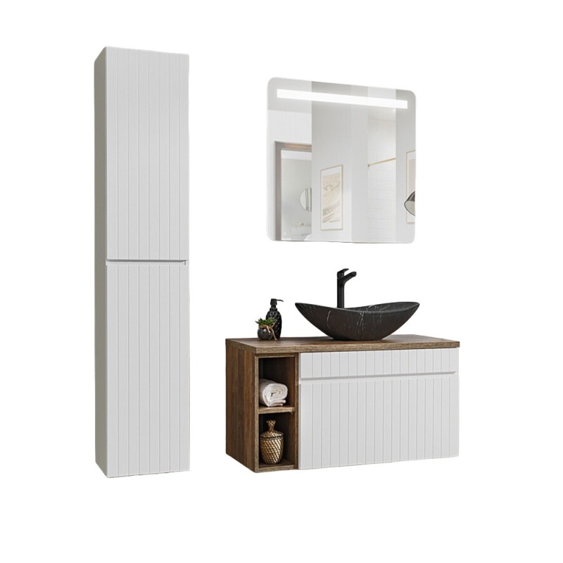 Set de mobilier baie Iconic White, MDF, PAL melaminat, alb, blat stejar vintage, L.100 cm, lavoar Lena, dulap inalt H.160 cm, oglinda LED, SET ICW-B 100 CM LENA-MB2 A08
