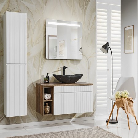 Set de mobilier baie Iconic White, MDF, PAL melaminat, alb, blat stejar vintage, L.100 cm, lavoar Lena, dulap inalt H.160 cm, oglinda LED, SET ICW-B 100 CM LENA-MB2 A08