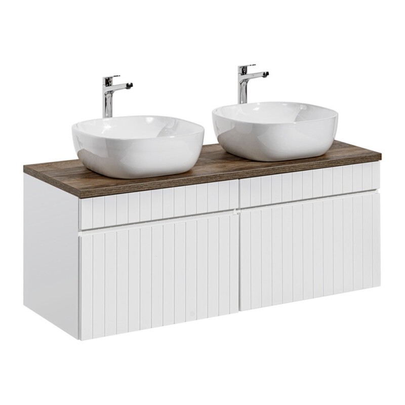 Set de mobilier baie Iconic White, MDF, PAL melaminat, alb, blat stejar vintage, L.120 cm, lavoare Smile, SET ICW-B 120 CM 6252