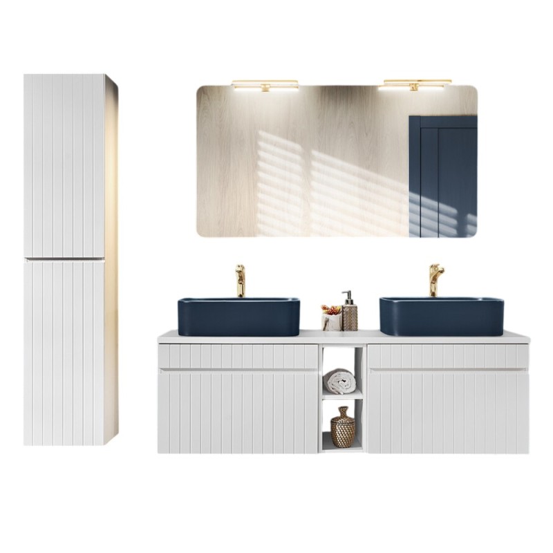 Set de mobilier baie Iconic White, MDF, PAL melaminat, alb, blat alb, L.140 cm, lavoare Kama, dulap inalt H.160 cm, oglinda, SET ICW-B 140 CM KAMA A05