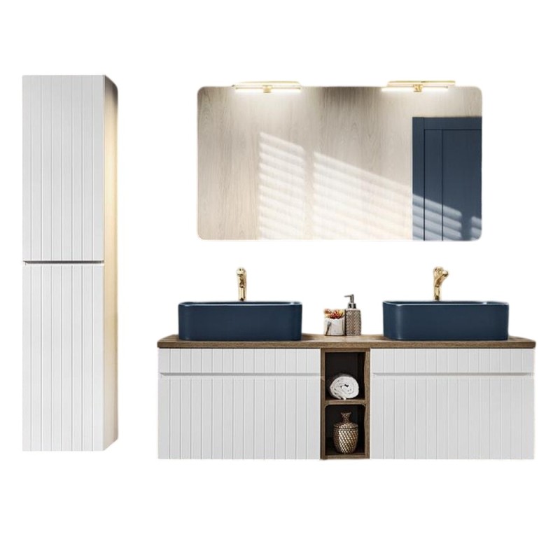 Set de mobilier baie Iconic White, MDF, PAL melaminat, alb, blat stejar vintage, L.140 cm, lavoare Kama, dulap inalt H.160 cm, oglinda, SET ICW-B 140 CM KAMA A06