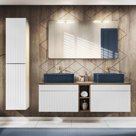 Set de mobilier baie Iconic White, MDF, PAL melaminat, alb, blat stejar vintage, L.140 cm, lavoare Kama, dulap inalt H.160 cm, oglinda, SET ICW-B 140 CM KAMA A06