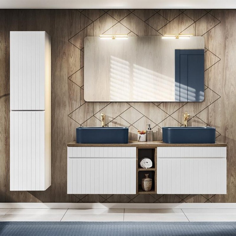 Set de mobilier baie Iconic White, MDF, PAL melaminat, alb, blat stejar vintage, L.140 cm, lavoare Kama, dulap inalt H.160 cm, oglinda, SET ICW-B 140 CM KAMA A06
