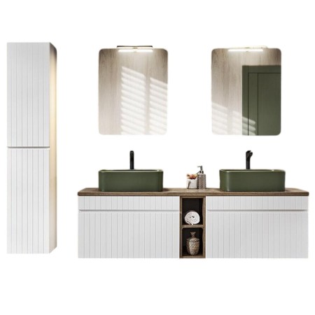 Set de mobilier baie Iconic White, MDF, PAL melaminat, alb, blat stejar vintage, L.180 cm, lavoare Kama, dulap inalt H.160 cm, oglinda, SET ICW-B 180 CM KAMA A07
