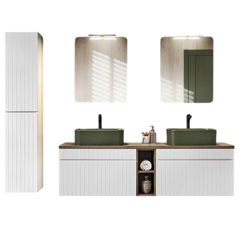 Set de mobilier baie Iconic White, MDF, PAL melaminat, alb, blat stejar vintage, L.180 cm, lavoare Kama, dulap inalt H.160 cm, oglinda, SET ICW-B 180 CM KAMA A07