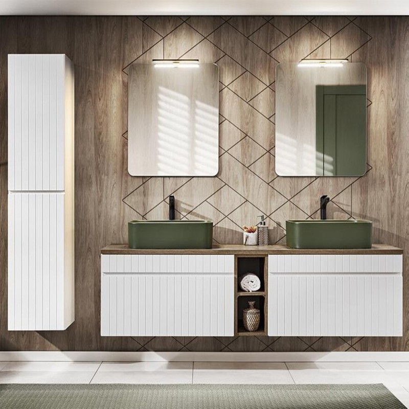 Set de mobilier baie Iconic White, MDF, PAL melaminat, alb, blat stejar vintage, L.180 cm, lavoare Kama, dulap inalt H.160 cm, oglinda, SET ICW-B 180 CM KAMA A07
