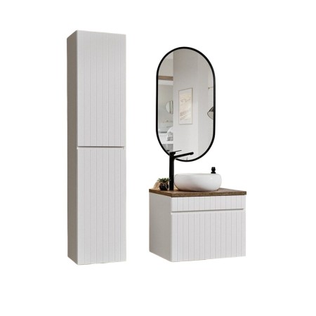 Set de mobilier baie Iconic White, MDF, PAL melaminat, alb, blat stejar vintage, L.60 cm, lavoar Wiki, dulap inalt H.160 cm, oglinda LED, SET ICW-B 60 CM WIKI A03