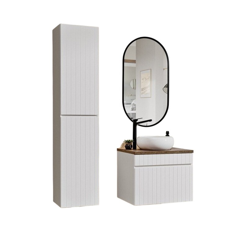 Set de mobilier baie Iconic White, MDF, PAL melaminat, alb, blat stejar vintage, L.60 cm, lavoar Wiki, dulap inalt H.160 cm, oglinda LED, SET ICW-B 60 CM WIKI A03