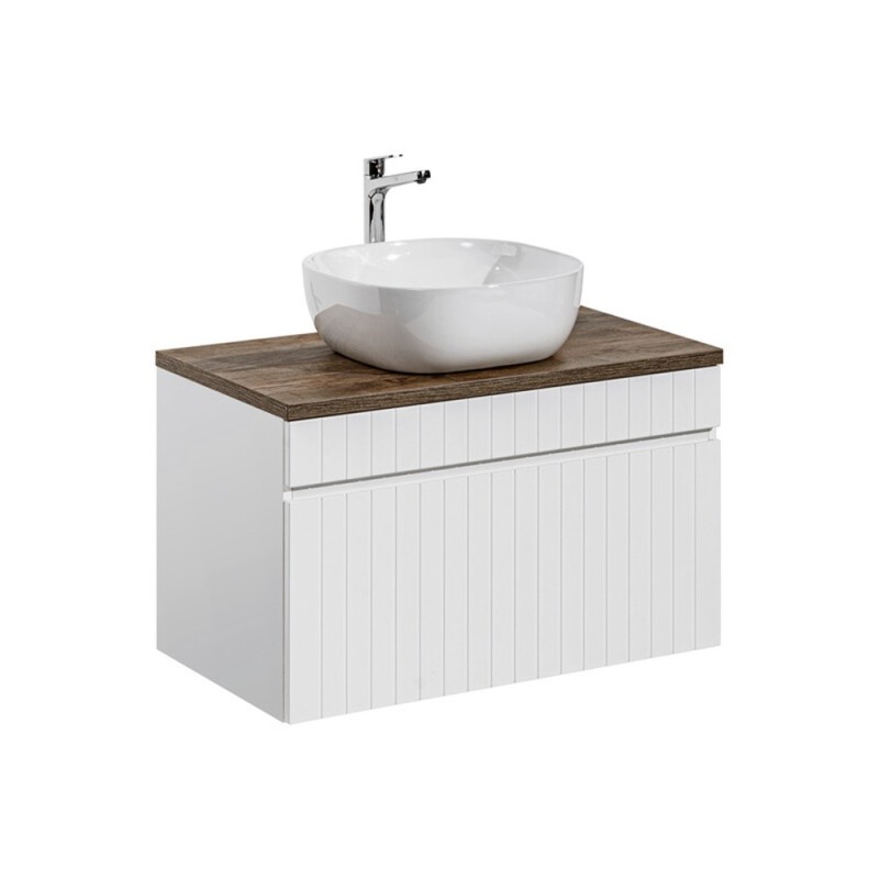 Set de mobilier baie Iconic White, MDF, PAL melaminat, alb, blat stejar vintage, L.80 cm, lavoar Smile, SET ICW-B 80 CM 6254