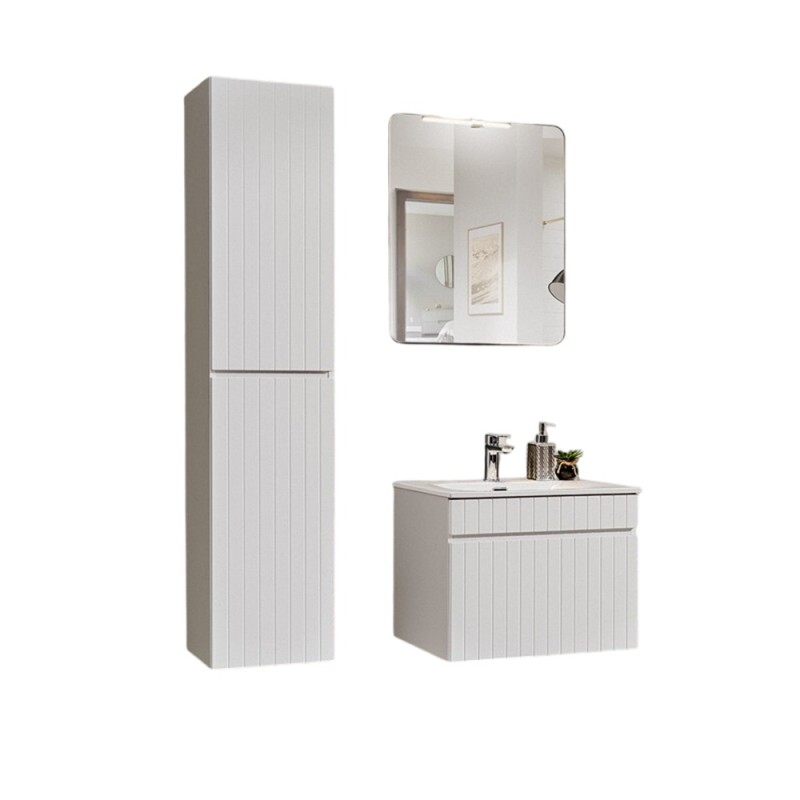 Set de mobilier baie Iconic White, MDF, PAL melaminat, alb, L.60 cm, lavoar Sky, dulap inalt H.160 cm, oglinda, SET ICW-SKY 60 CM A01