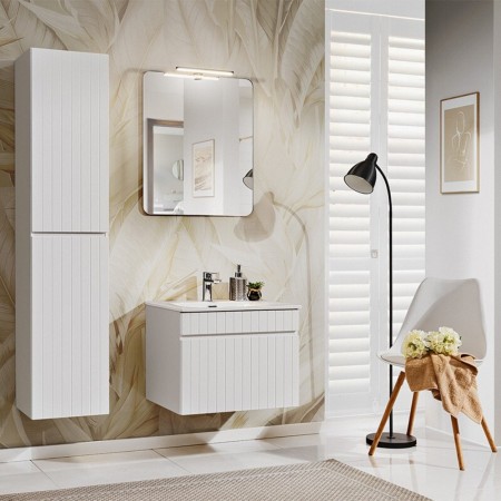 Set de mobilier baie Iconic White, MDF, PAL melaminat, alb, L.60 cm, lavoar Sky, dulap inalt H.160 cm, oglinda, SET ICW-SKY 60 CM A01