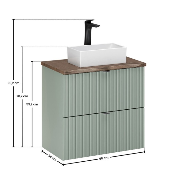 Set mobilier de baie Line Reed Green, MDF, PAL melaminat, verde, blat stejar vintage, L.60 cm, lavoar Gaja, SET-LRG B NAT CASELLA 60CM UN GAJA