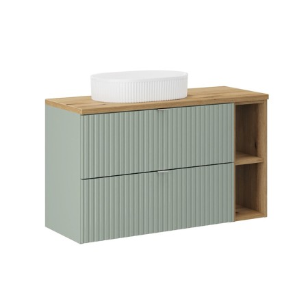 Set mobilier de baie Line Reed Green, MDF, PAL melaminat, verde, blat stejar evoke, lavoar Beyond, L.100 cm, SET-LRG B OAK 100CM UN BEYOND WH LR