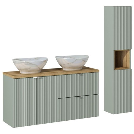 Set mobilier de baie Line Reed Green, MDF, PAL melaminat, verde, blat stejar evoke, lavoare Pati, L.120 cm, dulap inalt H.140 cm, SET-LRG B OAK 120CM UN PATI HC