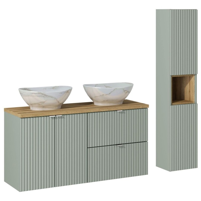 Set mobilier de baie Line Reed Green, MDF, PAL melaminat, verde, blat stejar evoke, lavoare Pati, L.120 cm, dulap inalt H.140 cm, SET-LRG B OAK 120CM UN PATI HC