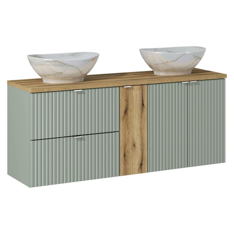 Set mobilier de baie Line Reed Green, MDF, PAL melaminat, verde, blat stejar evoke, lavoare Pati, L.140 cm, SET-LRG B OAK 140CM UN PATI