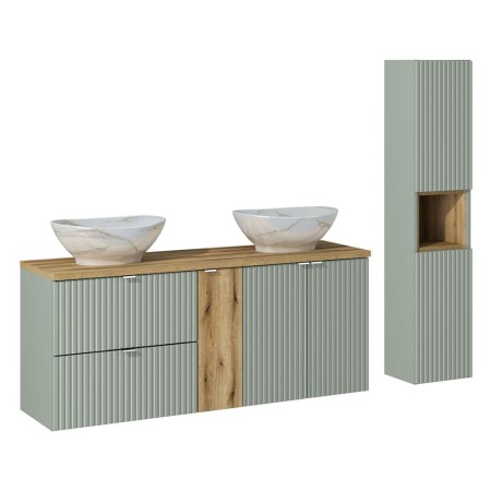 Set mobilier de baie Line Reed Green, MDF, PAL melaminat, verde, blat stejar evoke, lavoare Pati, L.140 cm, dulap inalt H.140 cm, SET-LRG B OAK 140CM UN PATI HC