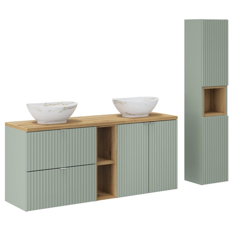 Set mobilier de baie Line Reed Green, MDF, PAL melaminat, verde, blat stejar evoke, lavoare Pati, L.140 cm, dulap inalt H.140 cm, SET-LRG B OAK 140CM UN PATI WH HC LR