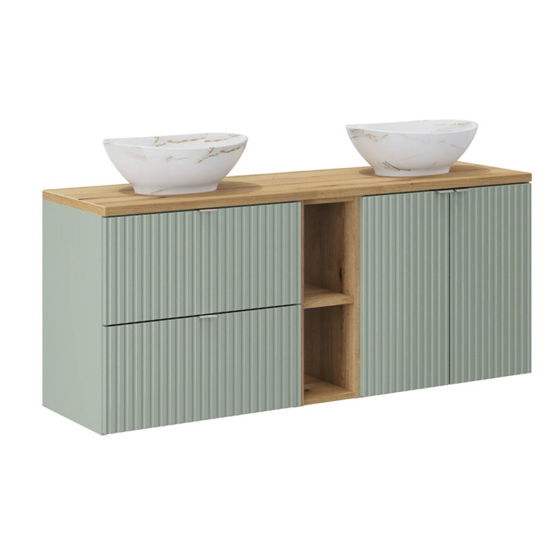 Set mobilier de baie Line Reed Green, MDF, PAL melaminat, verde, blat stejar evoke, lavoare Pati, L.140 cm, SET-LRG B OAK 140CM UN PATI WH LR
