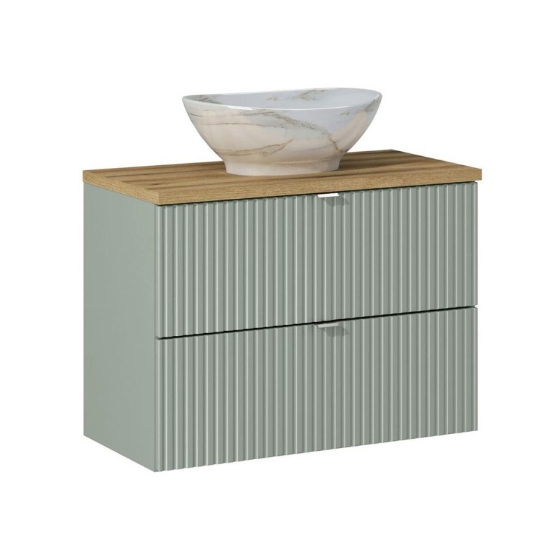 Set mobilier de baie Line Reed Green, MDF, PAL melaminat, verde, blat stejar evoke, L.80 cm, lavoar Pati, SET-LRG B OAK 80CM S UN PATI