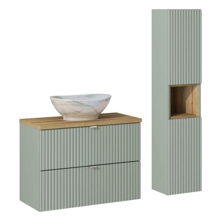 Set mobilier de baie Line Reed Green, MDF, PAL melaminat, verde, blat stejar evoke, L.80 cm, dulap inalt H.140  cm, SET-LRG B OAK 80CM UN PATI HC