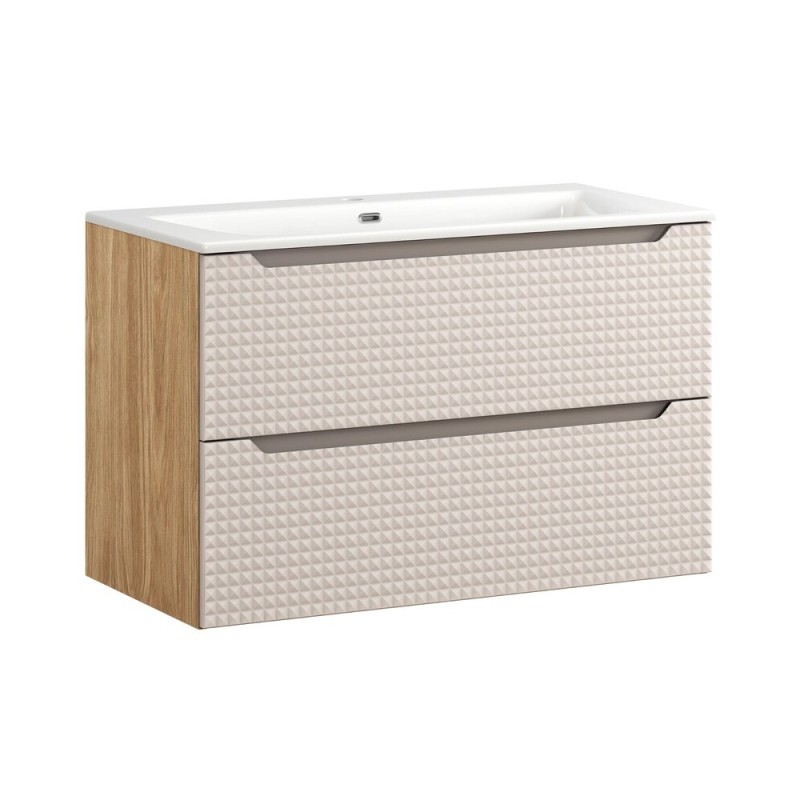 Set mobilier de baie Luxor Beige, MDF, PAL melaminat, stejar uleiat/bej, lavoar Sky, L.90 cm, SET-LXB 90CM S SKY