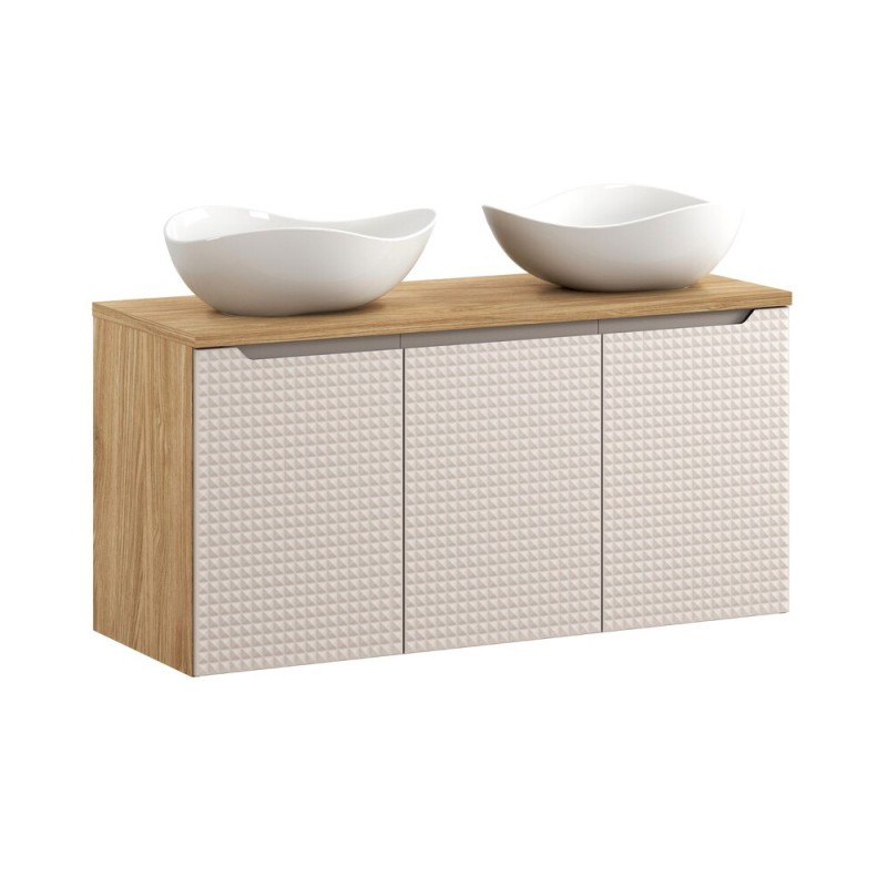 Set mobilier de baie Luxor Beige, MDF, PAL melaminat, stejar uleiat/bej, blat stejar uleiat, L.120 cm, lavoare Cloud, SET-LXB B 120CM D UN CLOUD