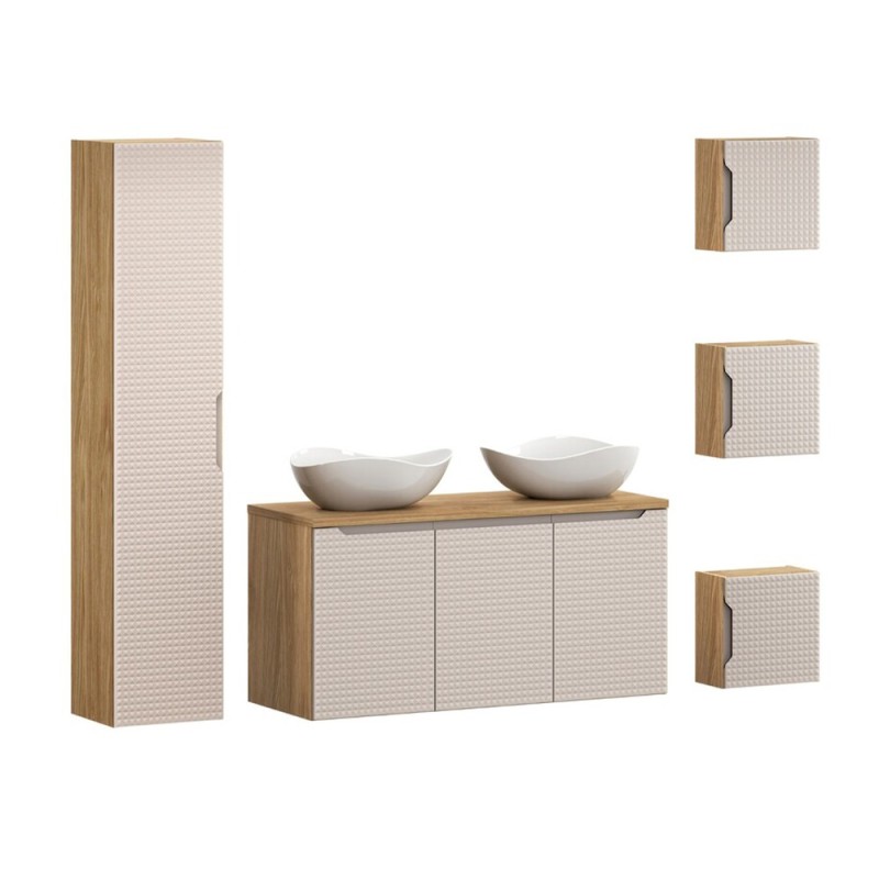 Set mobilier de baie Luxor Beige, MDF, PAL melaminat, stejar uleiat/bej, blat stejar uleiat, L.120 cm, lavoare Cloud, dulap inalt H.170 cm, SET-LXB B 120CM D UN CLOUD HC1D UC