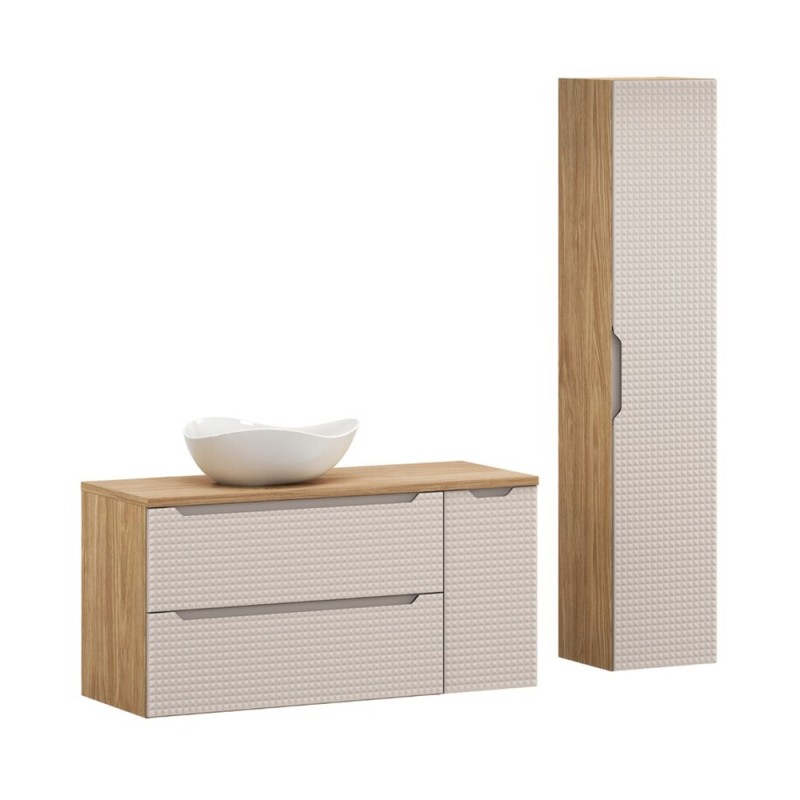 Set mobilier de baie Luxor Beige, MDF, PAL melaminat, stejar uleiat/bej, blat stejar uleiat, L.120 cm, lavoar Cloud, dulap inalt H.170 cm, SET-LXB B 120CM S UN CLOUD HC1D