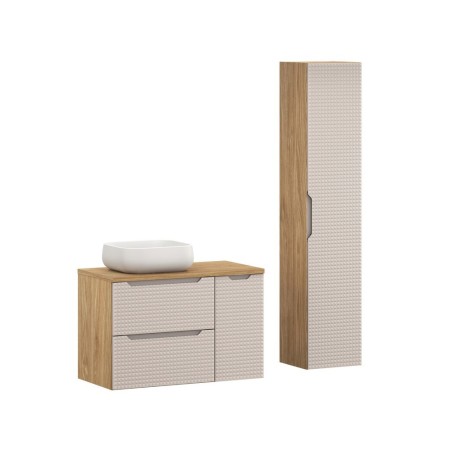 Set mobilier de baie Luxor Beige, MDF, PAL melaminat, stejar uleiat/bej, blat stejar uleiat, L.90 cm, lavoar Nika, dulap inalt H.170 cm, SET-LXB B 90CM S UN NIKA WH HC1D