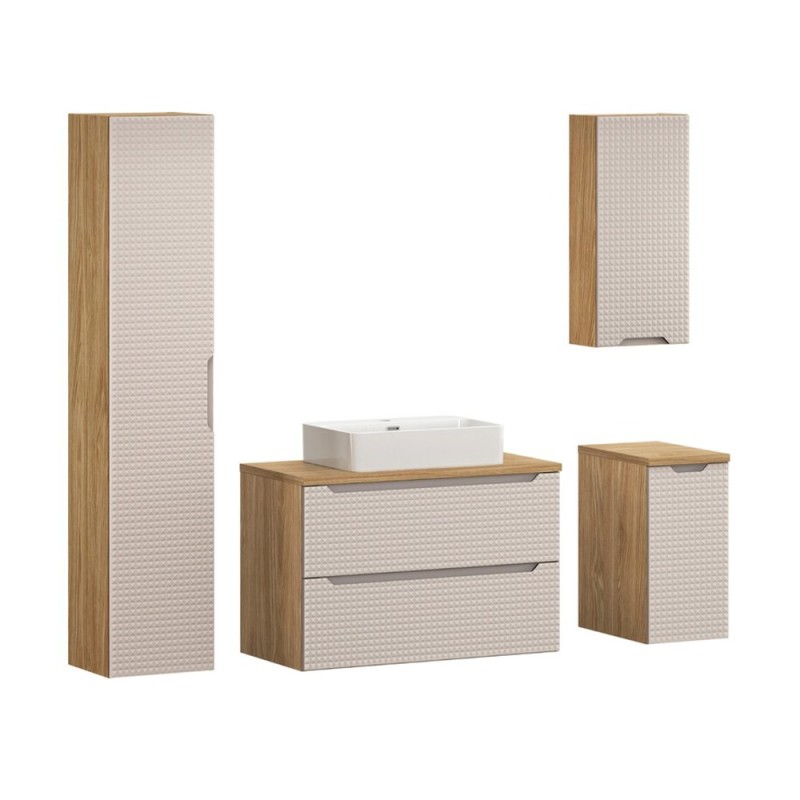 Set mobilier de baie Luxor Beige, MDF, PAL melaminat, stejar uleiat/bej, blat stejar uleiat, L.90 cm, lavoar Trust, dulap inalt H.170 cm, SET-LXB B 90CM S UN TRUST WH HC1D